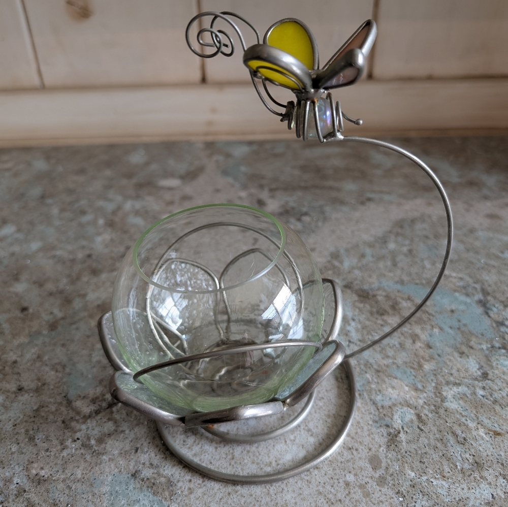 Flying Butterfly Tealight Votive Candle Holder  Glass Textured Petals